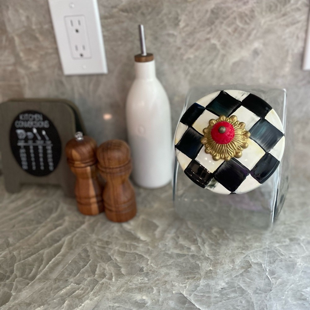 Mackenzie Childs Checkered Glass Jar with Decorative Lid
